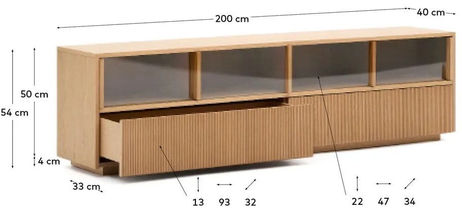 TV stolík v dekore duba v prírodnej farbe 200x54x40 cm Helvine – Kave Home