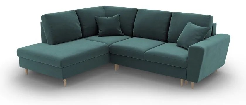 Zamatová rozkladacia/s úložným priestorom rohová pohovka v petrolejovej farbe (ľavý roh/do L) Kyoto – Cosmopolitan Design