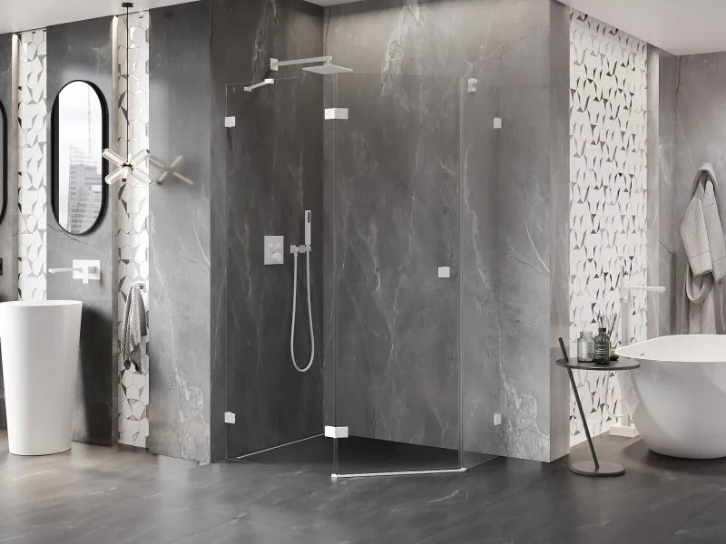 Mexen Lunar, Päťuholníkový sprchový kút Mexen Lunar naklápací doľava 100 x 90 cm, 8mm číre sklo, biely profil, 831-100L-090P-01-20-L