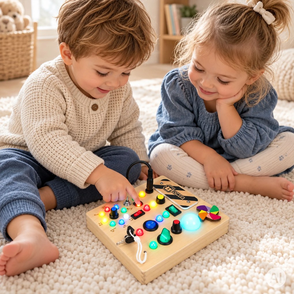 Drevená interaktívna manipulačná tabuľa ECOTOYS s LED svetlami od 3 rokov