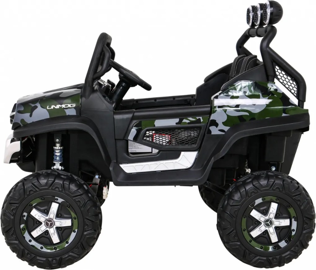 Ramiz Mercedes Benz Unimog pre deti Moro lak + pohon 4x4 + diaľkové ovládanie + batožinový priestor + pomalý štart + MP3 LED