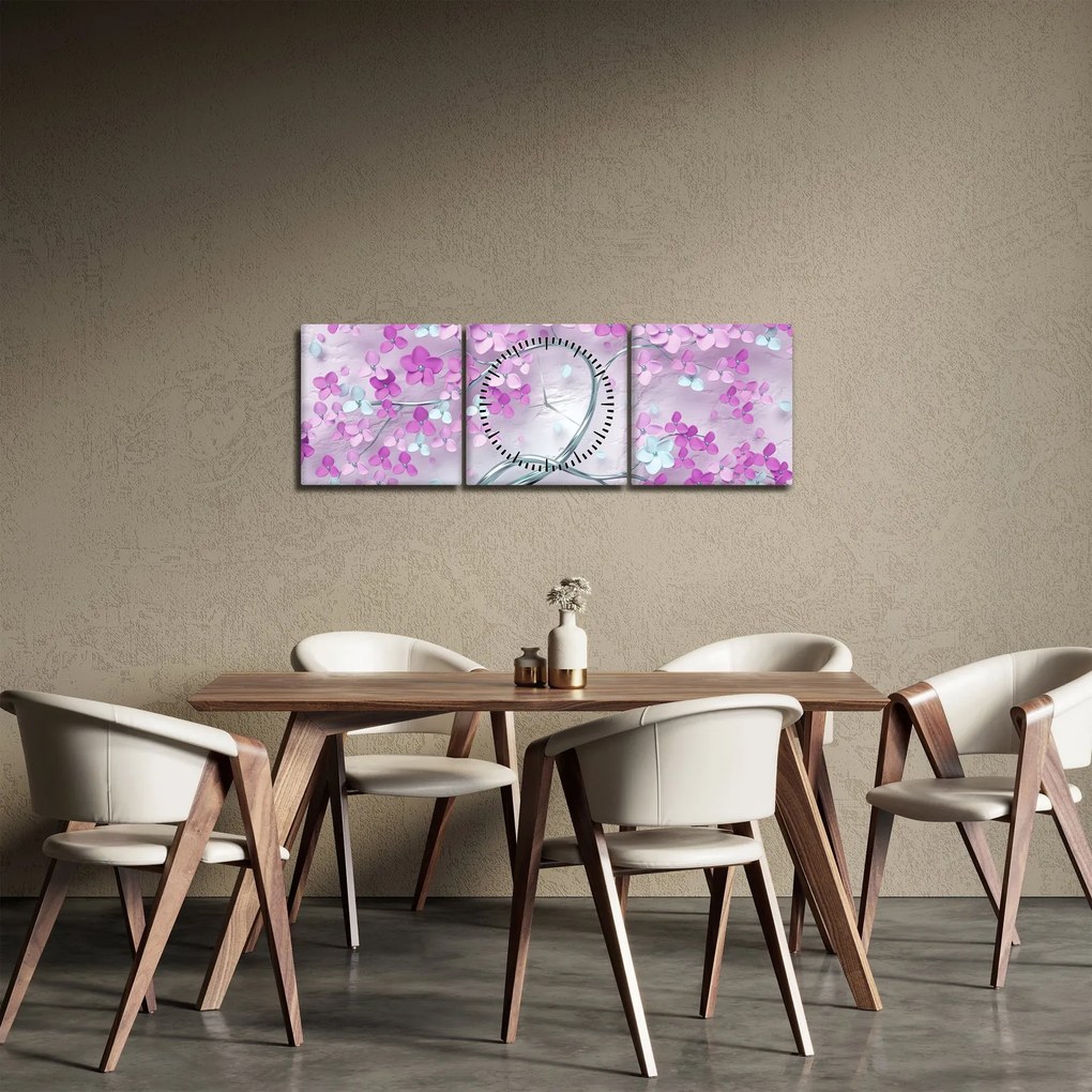 Obraz kvetov na striebornom kmeni - abstrakt (s hodinami) (90x30 cm)