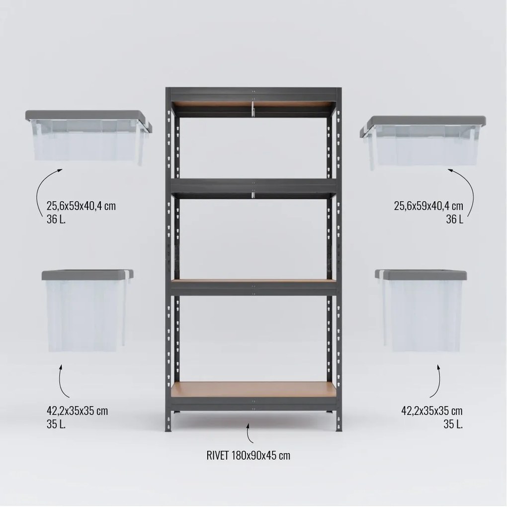 Régal RIVET PACK 180x90x45cm s plastovými úložnými boxami ECO 35 l a 36 l