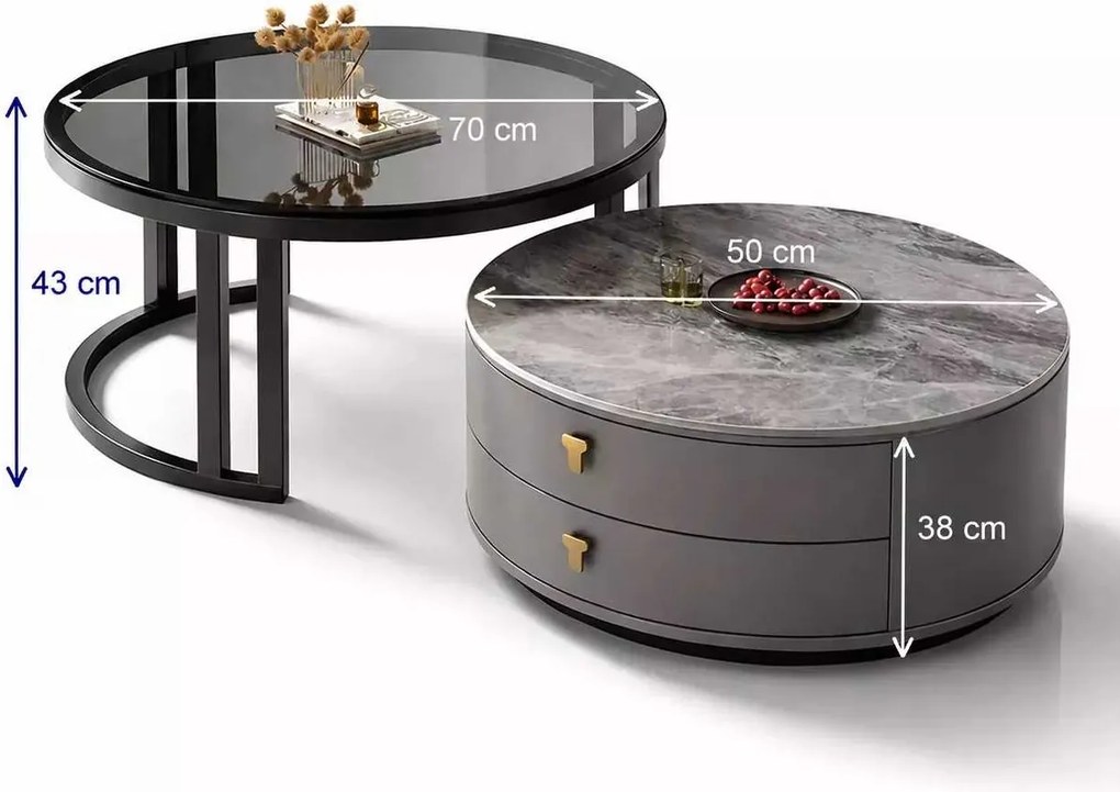 LuxuryForm DESIGN Konferenčný stolík ORION 70 × 70 / 50 × 50 cm – biely / sivý mramor (set 2 ks)