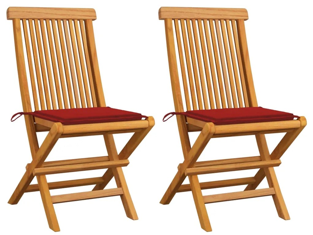 vidaXL Záhradné stoličky, červené podložky 2 ks, tíkový masív
