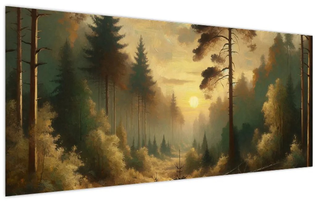 Obraz - Slnko žiariace lesom (120x50 cm)