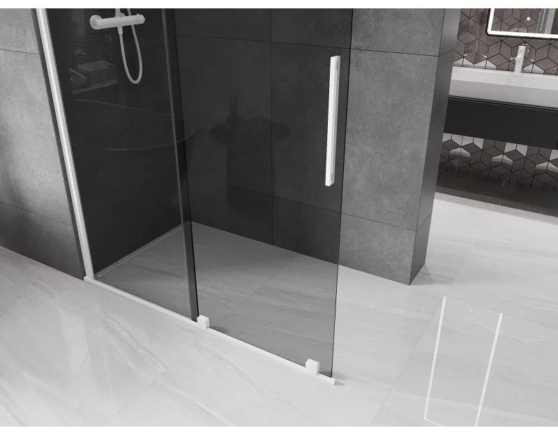 Mexen Velar, sprchová zástena s posuvnými dverami Walk-in 130 x 200 cm, 8mm šedé sklo, biela matná, 871-130-000-43-20