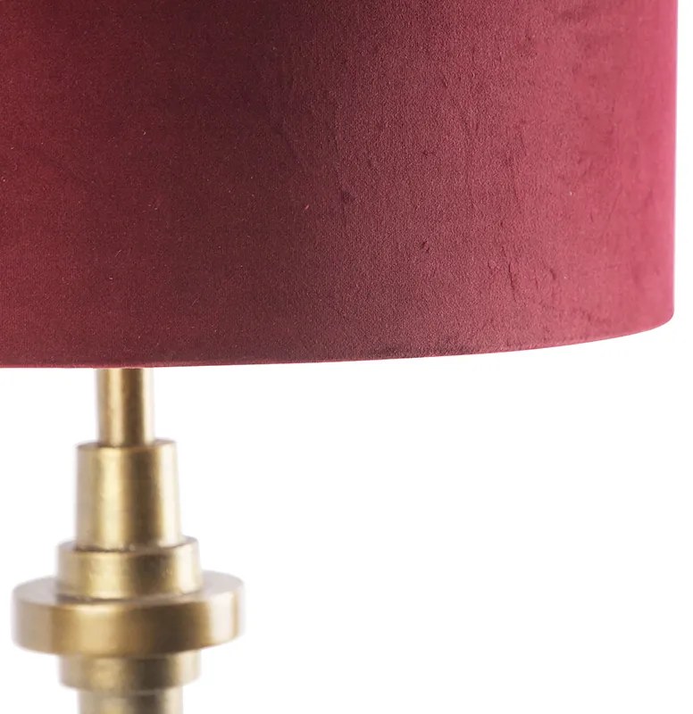 Art Deco stolná lampa bronzová s tienidlom z červeného zamatu 50 cm - Diverso