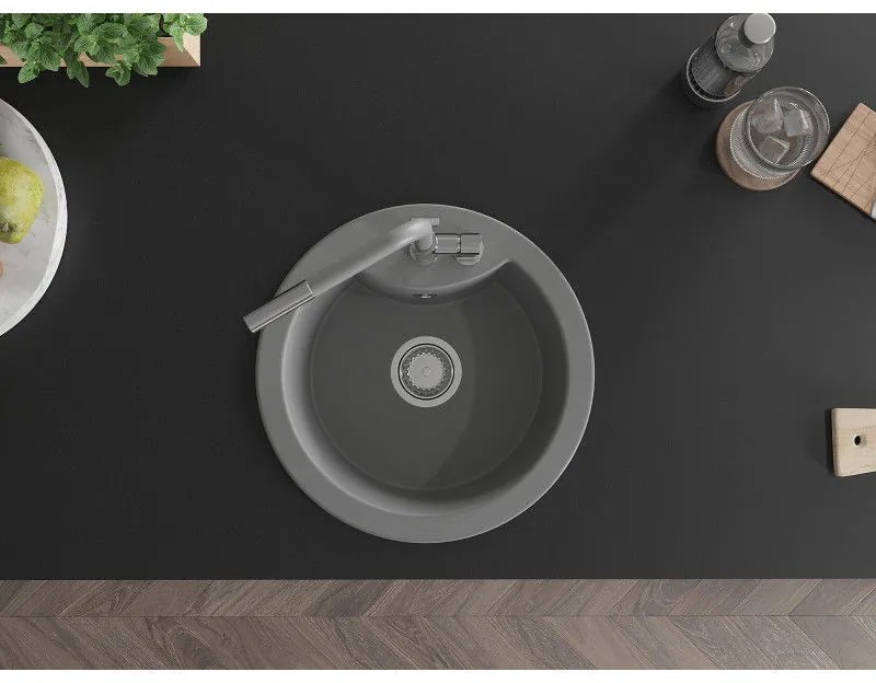 Mexen Diego, 1-komorový granitový drez 488x488x167 mm a drezová batéria Flora, šedá, 6512-71-670401-06