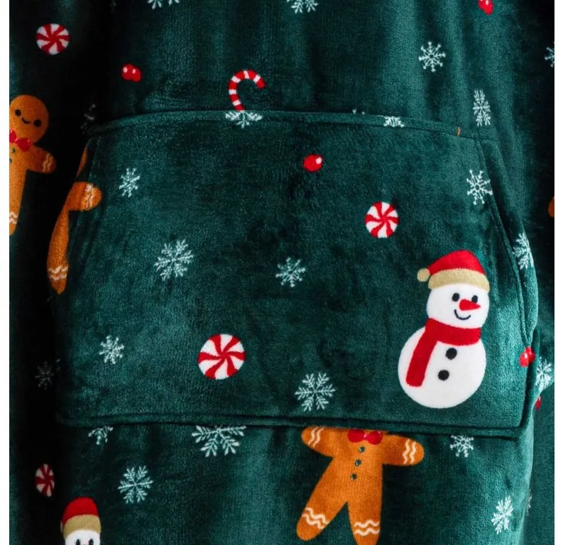Baránková mikinová deka s rukávmi a kapucňou SNOWMAN AND GINGERBREAD, zelená