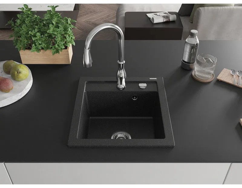 Mexen Vito, 1-komorový granitový drez 520x490x210 mm a drezová batéria Savita, čierna-strieborná metalíza, 6503-73-672601-00