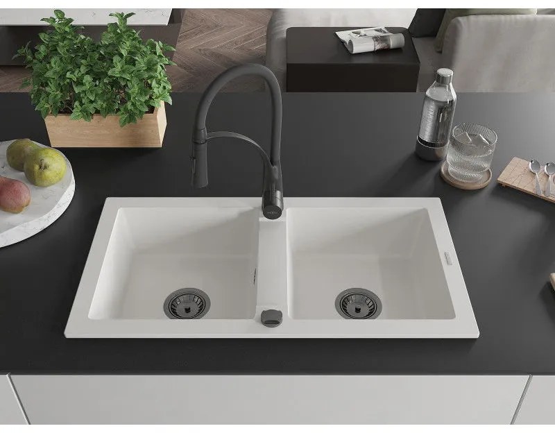 Mexen Mario, granitový drez 820x436x161 mm, 2-komorový a drezová batéria Aster, biela, 6504-20-73450-70-B