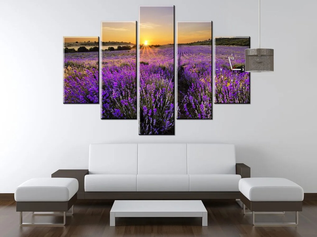 Gario Obraz s hodinami Levanduľové pole - 5 dielny Rozmery: 150 x 105 cm