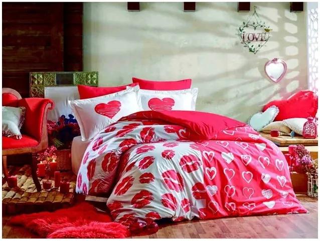 Červené obliečky z bavlneného popelínu s plachtou na dvojlôžko Love Me, 200 × 220 cm