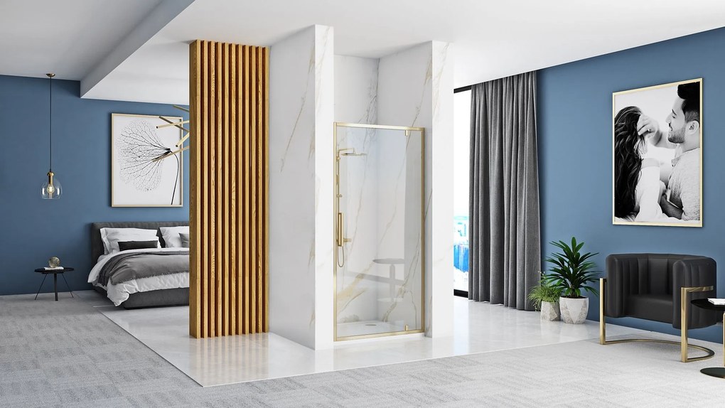 Jednokrídlové sprchové dvere REA RAPID SWING 90 cm pre inštaláciu do niky, zlaté/transparent - bez vaničky