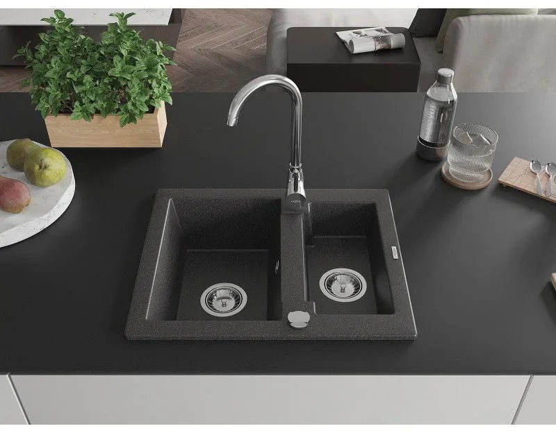 Mexen Carlos, granitový drez 582x475x177 mm, 1,5-komorový, čierna škvrnitá, 6518581500-76