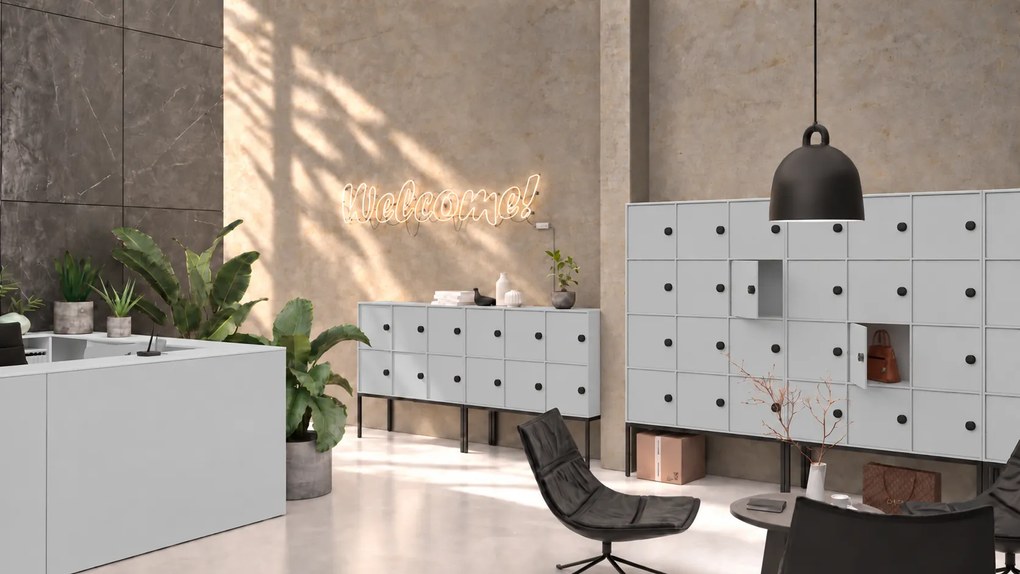 Kancelárska skriňa FRAME, biela podnož, 12x dvere, 1299 x 450 x 2185 mm, RFID zámok, sivá