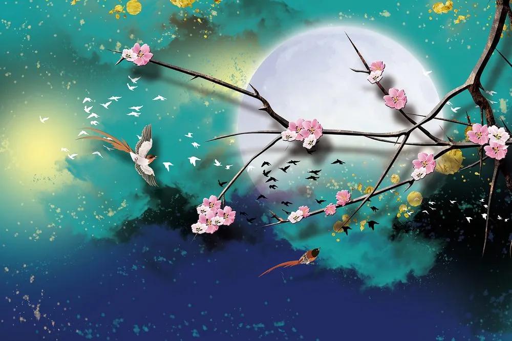 Samolepiaca tapeta kresba konára s kvetmi pri splne mesiaca