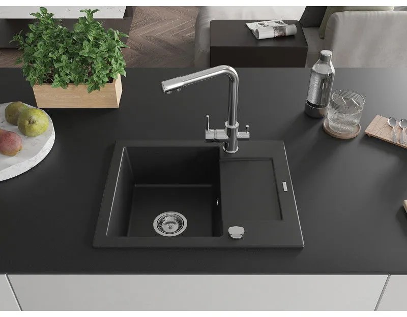 Mexen Enzo, granitový drez 576x465x174 mm, 1-komorový, chrómová batéria Duero, čierna, 6506-77-671600-00