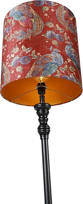 Stojaca lampa čierna s červeným tienidlom s pávím vzorom 40 cm - Classico