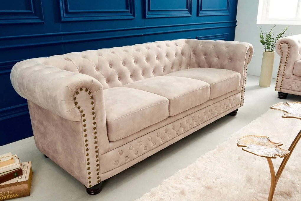 Dizajnová trojsedačka Chesterfield 200 cm šampanský zamat