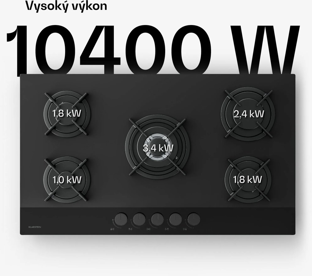 Klarstein Plynová varná doska Velaire, 5-horáková s elektrickým zapaľovaním, Kompatibilná so zemným plynom a LPG, 10400 W, 90 cm