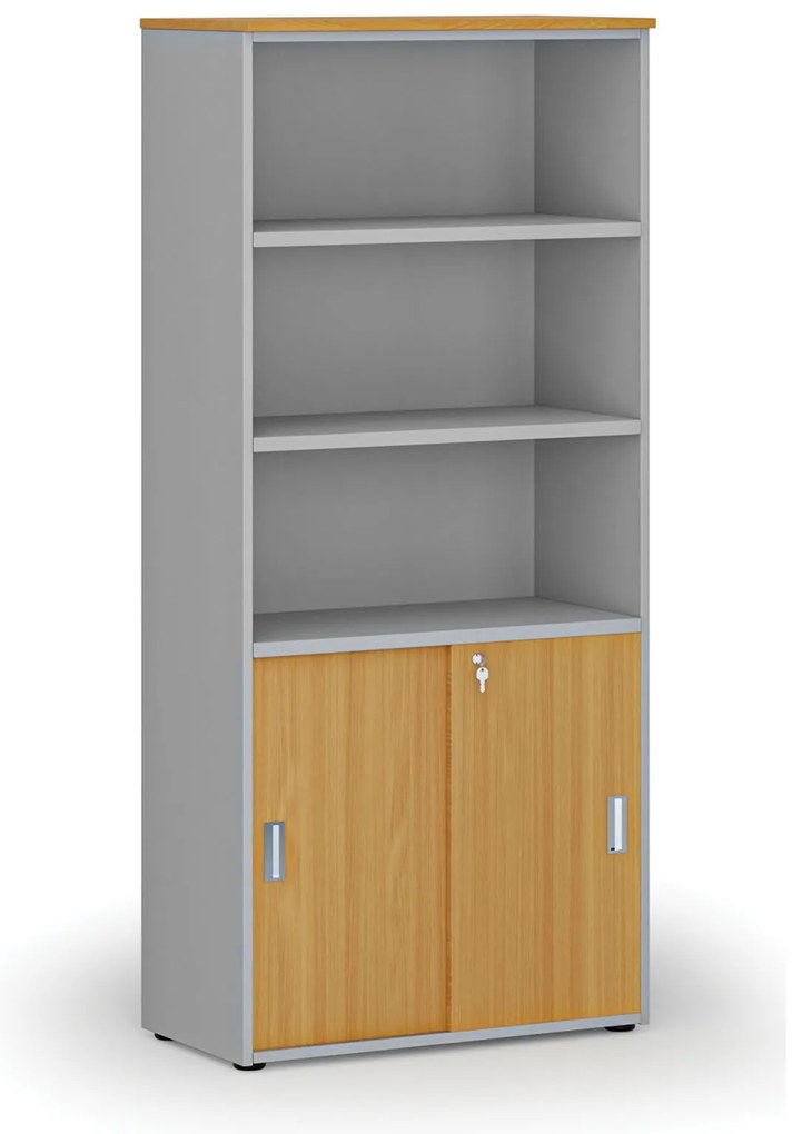 Kombinovaná kancelárska skriňa PRIMO GRAY, zasúvacie dvere na 2 poschodia, 800 x 420 x 1781 mm, sivá/buk