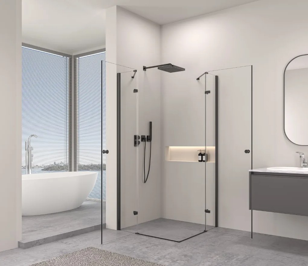 Erga Bern Double, sprchový kút s 2-krídlovými dverami 100(dvere) x 100(dvere) x 195 cm, 6mm číre sklo, čierny profil, ERG-V02-BERN-D100D100-CL-BK