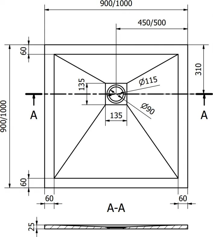 Mexen Stone+, štvorcová vanička z minerálneho kompozitu 100 x 100 cm, čierna, čierna krytka, 44701010-B