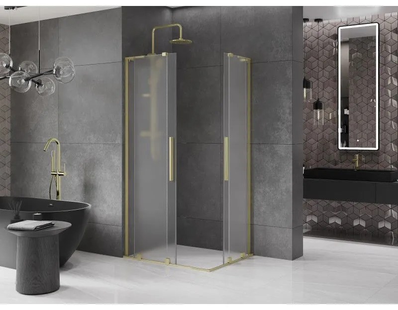 Mexen Velar L Duo, sprchový kút s posuvnými dverami 100 x 90 cm, 8mm sklo námraza, zlatá matná, 871-100-090-02-33-55
