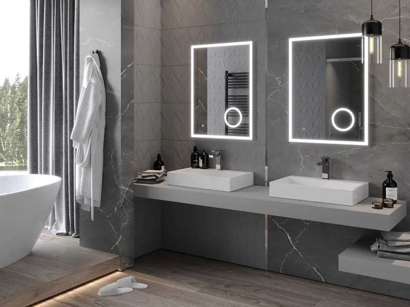 Mexen Kala, LED kúpeľňové zrkadlo s podsvietením a kozmetickým zrkadlom 60 x 80 cm, 6000K, ochrana proti zahmlievaniu, 9820-060-080-611-00