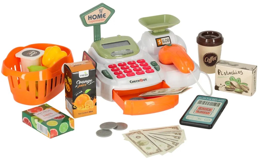 KIK Pokladňa pre deti, supermarket, obchod, skener, kalkulačka, košík s príslušenstvom 36 ks.