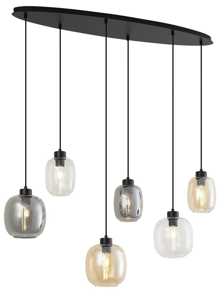 Závesná lampa čierna s jantárovým, dymovým a čírym sklom 6-svetiel - Elena