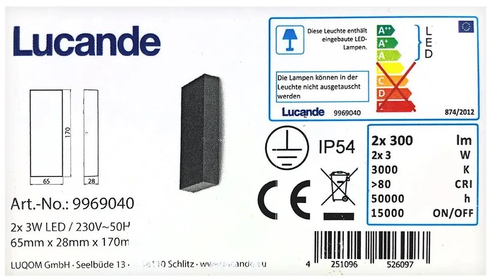 Lucande Lucande - LED Vonkajšie nástenné svietidlo CORDA 2xLED/3W/230V IP54 LW0264