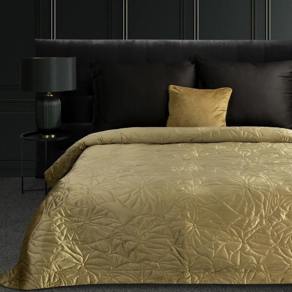 DomTextilu Luxusný béžovo zlatý zamatový prehoz s motívom ľalie Šírka: 220 cm | Dĺžka: 240 cm 47209-218809