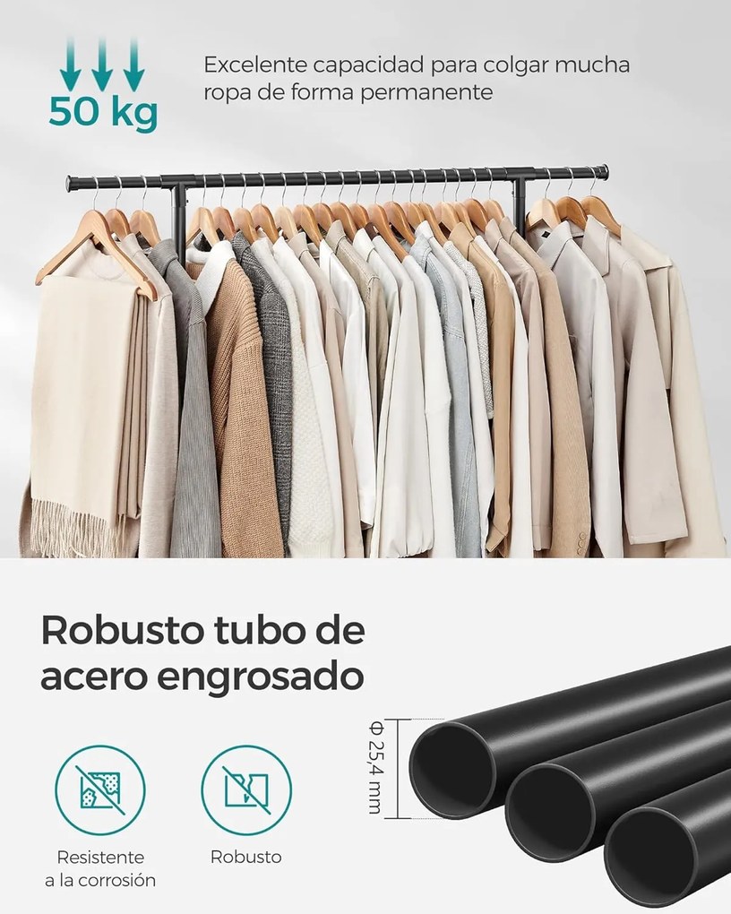 Dvojitý vešiak na oblečenie, nastaviteľná horná tyč, s kolieskami, 113-180 cm, čierny