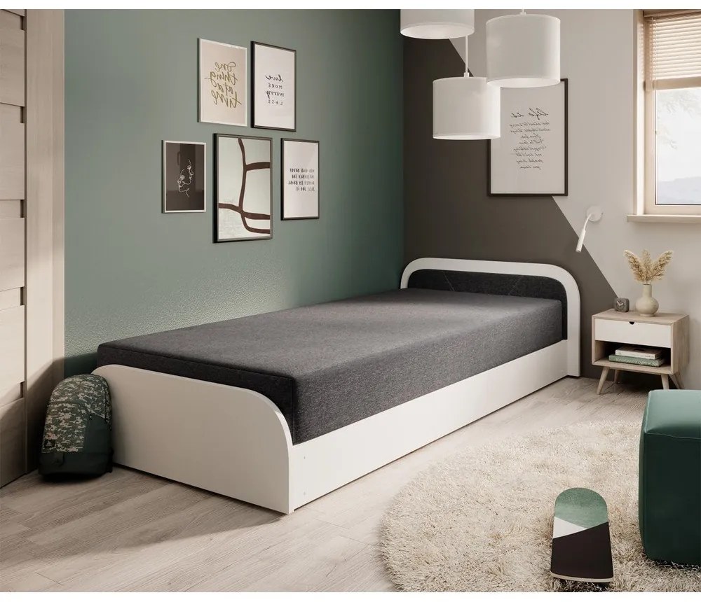 Biela/tmavosivá čalúnená/z drevotriesky jednolôžková posteľ s úložným priestorom s matracom 80x190 cm Parys – ELTAP