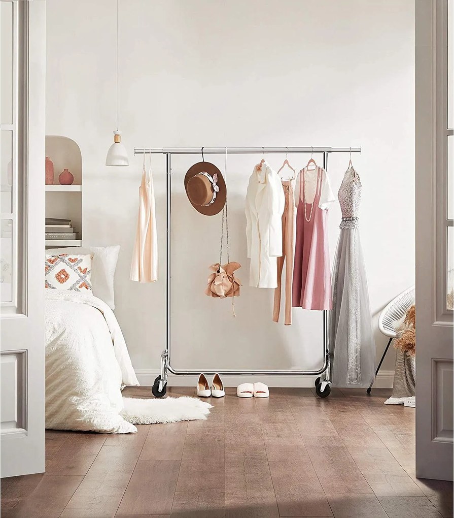 Kovový stojan na šaty, s kolieskami, s vysokou nosnosťou 130 kg, strieborná farba