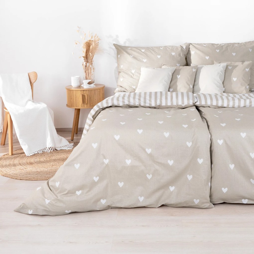 Goldea bavlnené posteľné obliečky - srdiečka na latte s prúžkami 140 x 200 a 70 x 90 cm