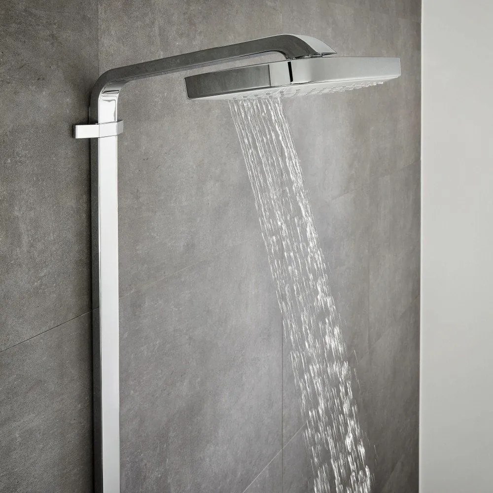 HANSGROHE Raindance Select E Showerpipe nástenný sprchový systém s termostatom ShowerTablet Select 300, horná sprcha 3jet 318 x 190 mm, ručná sprcha 3jet, biela/chróm, 27127400