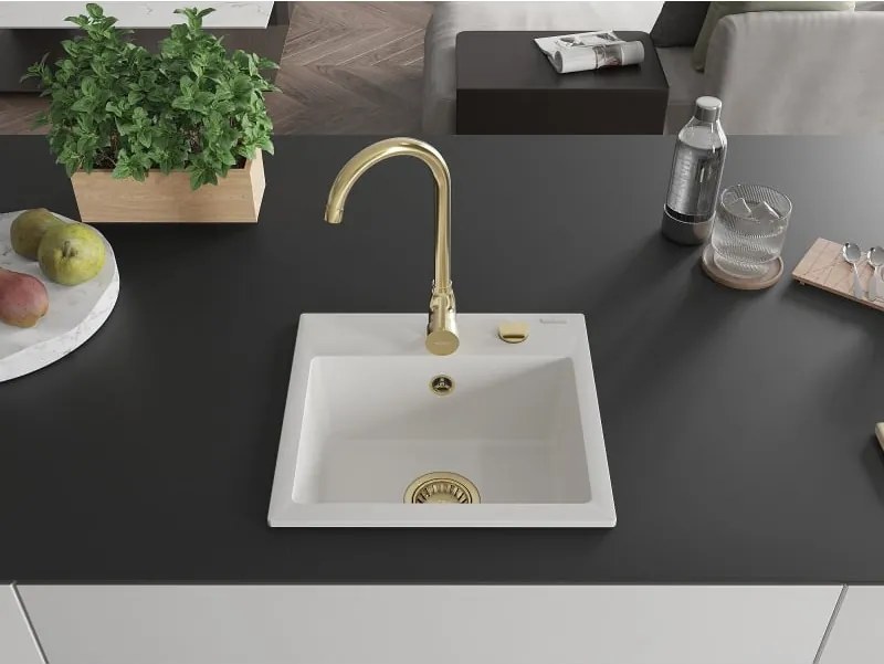 Mexen Milo granitový drez 1-komorový 435 x 410 mm, biely, zlatý sifón - 6505441000-20-G