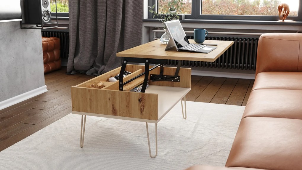 HAIRPIN S-90 Dub Artisan/Béžová (Šampanská) - MODERNÝ KONFERENČNÝ STOLÍK S VÝKLOPNOU DOSKOU + ÚLOŽNÝ PRIESTOR + POLICA