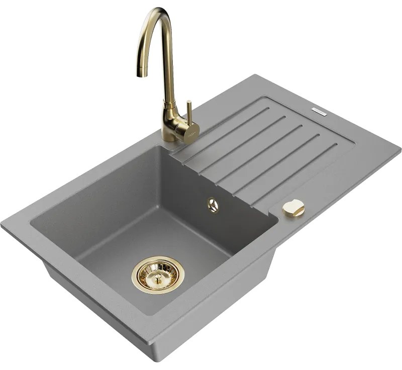 Mexen Pablo, granitový drez 752x436x161 mm, 1-komorový a zlatá batéria Telma, šedá, 6510-71-670200-50