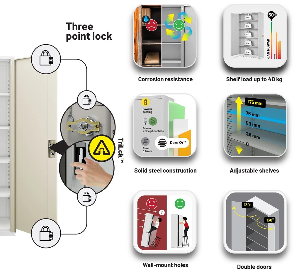 Kancelárska kovová skrinka na dokumenty JAN II, Eco Design: biela/dub sonoma