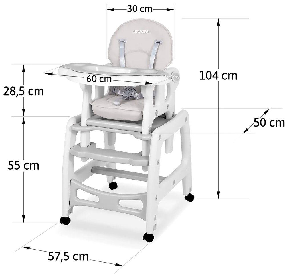 Detská stolička na kŕmenie Ricokids 3v1 ružová