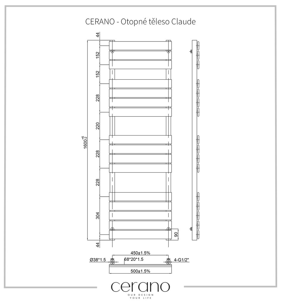 Cerano Claude, vykurovacie teleso 1600x500mm, 866W, rozteč pripojenia 450 mm, čierna matná, CER-CER-429661