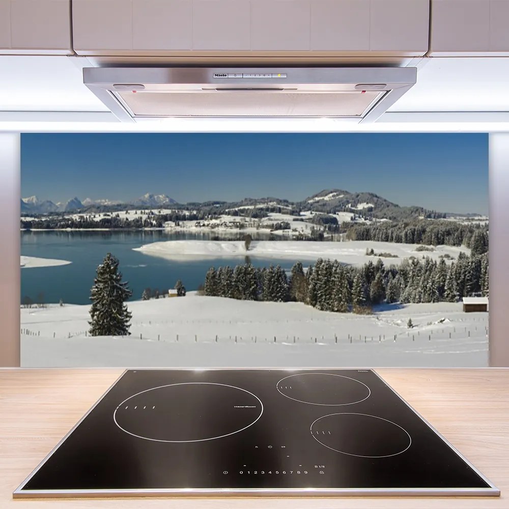 Sklenený obklad Do kuchyne Jazero sneh príroda hory 140x70 cm