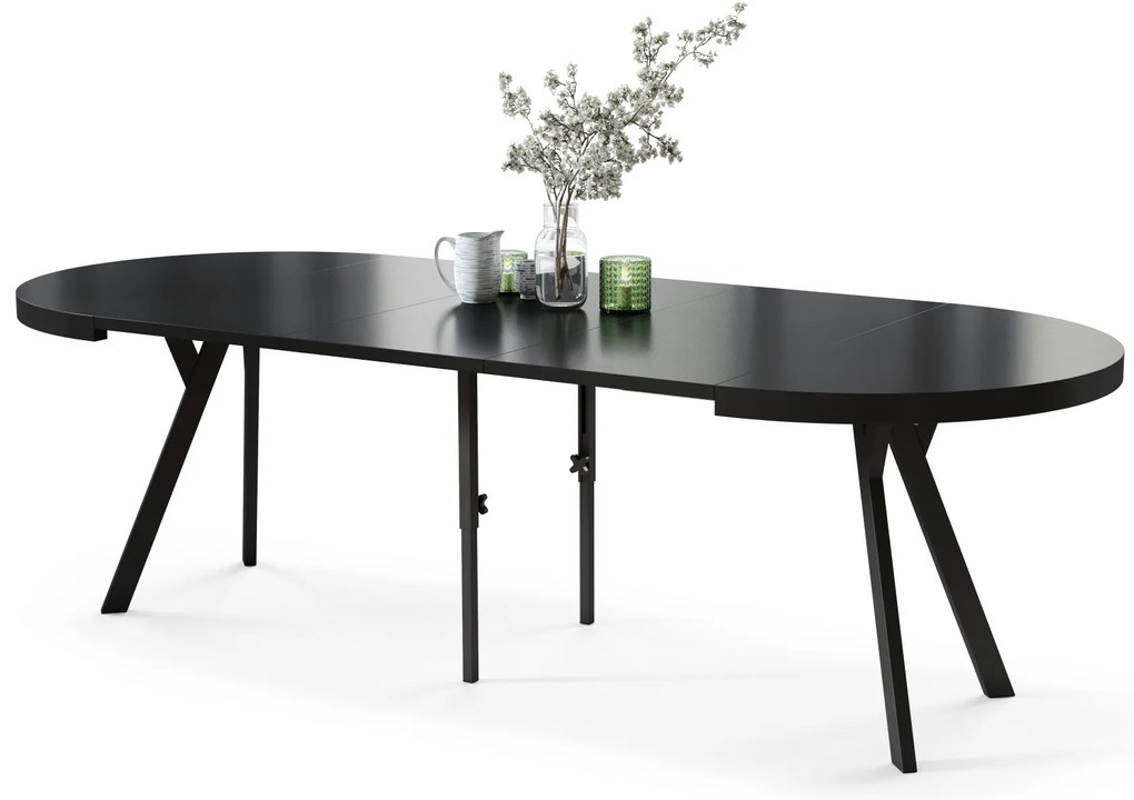 EXPANSO Čierny mat / čierne nohy - VEĽKÝ OKRÚHLY STÔL Ø110 ROZKLADACÍ AŽ DO 310 cm S NOHAMI Y LOFTOVÝ / INDUSTRIÁLNY