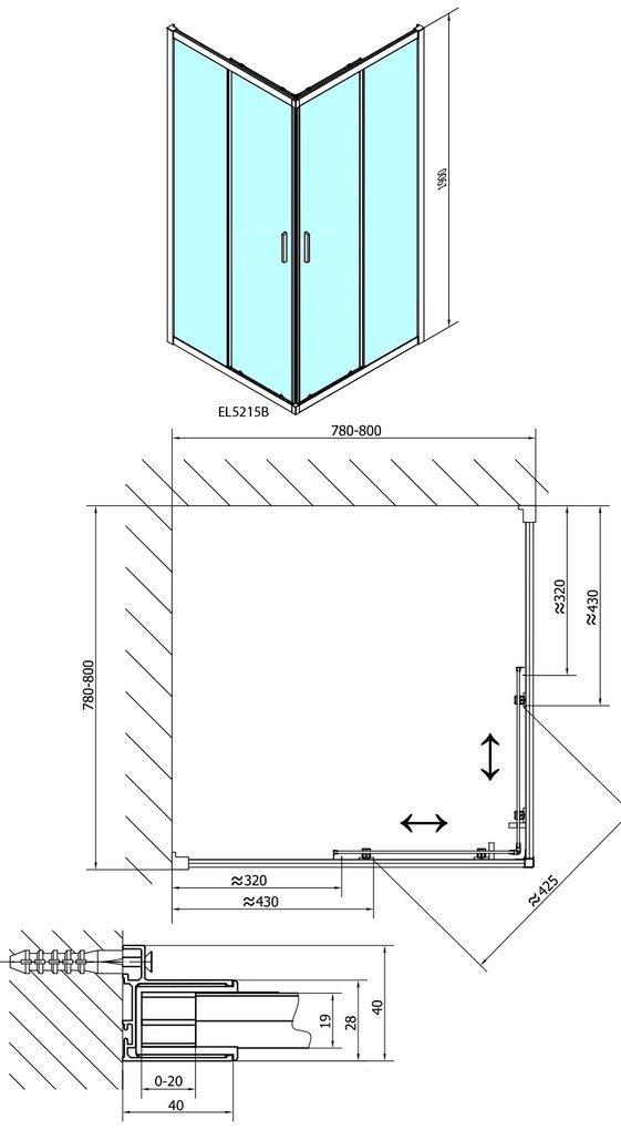 Polysan Polysan, EASY BLACK štvorcová sprchová zástena 800x800mm, číre sklo, EL5215B