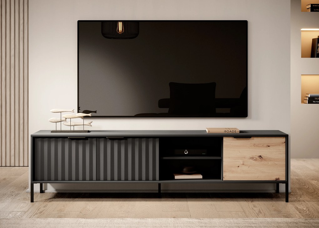 TV stolík/skrinka Rastafa 203 3D (dub artisan + čierna). Vlastná spoľahlivá doprava až k Vám domov. 1071382